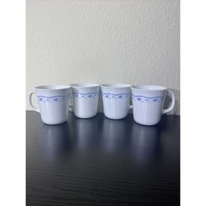 4 Vintage Corning Corelle ''Morning Blue'' coffee cups White Blue Flowers 8 oz
